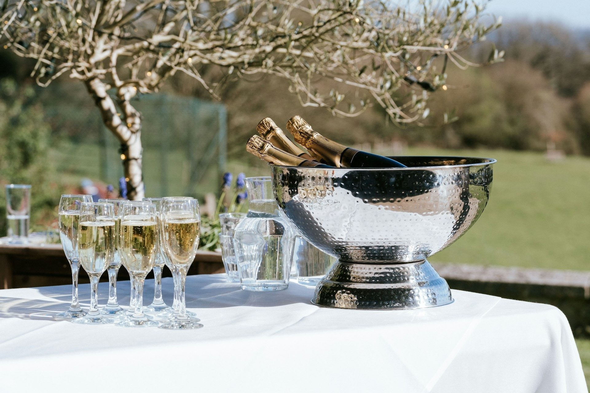Champagne flutes and an ice bucket set out on the lawn