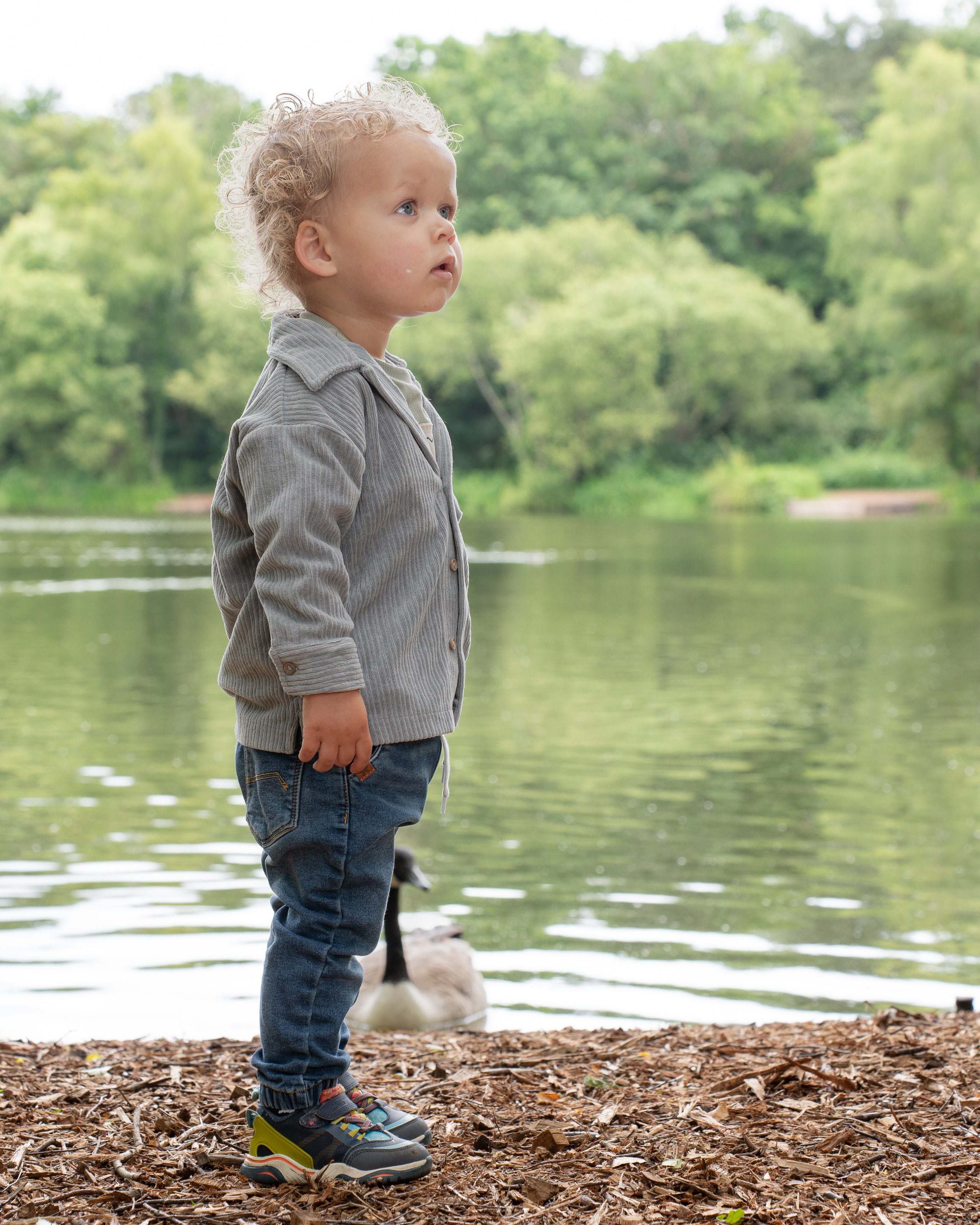 Toddler stands at the water’s edge watching the lake